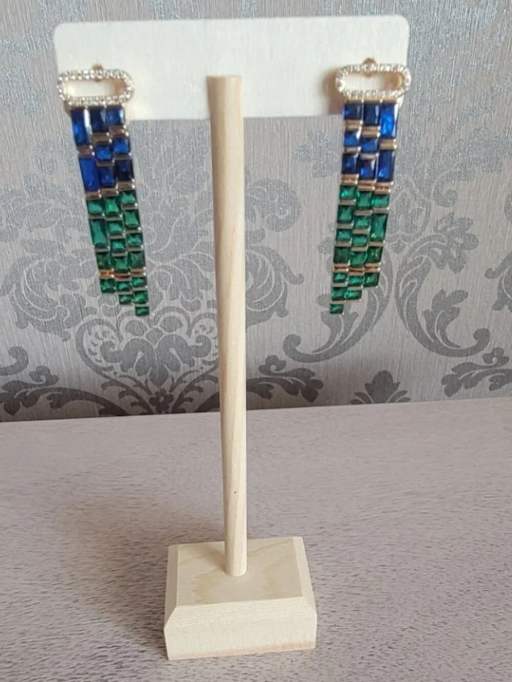 Blue and Green Glass, Simulated Diamond Earrings in Gold Tone
